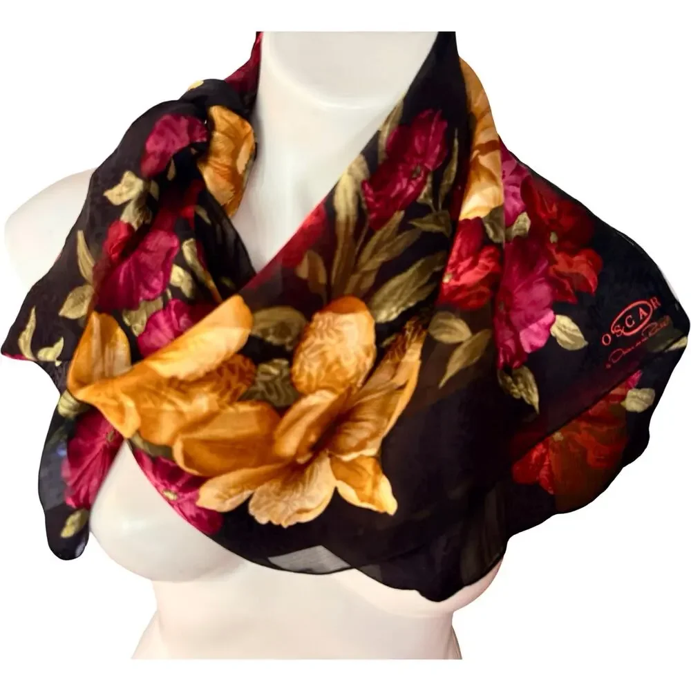 Vintage Oscar de la Renta Silk Scarf Black Jewel Tone Floral 1990s NWT